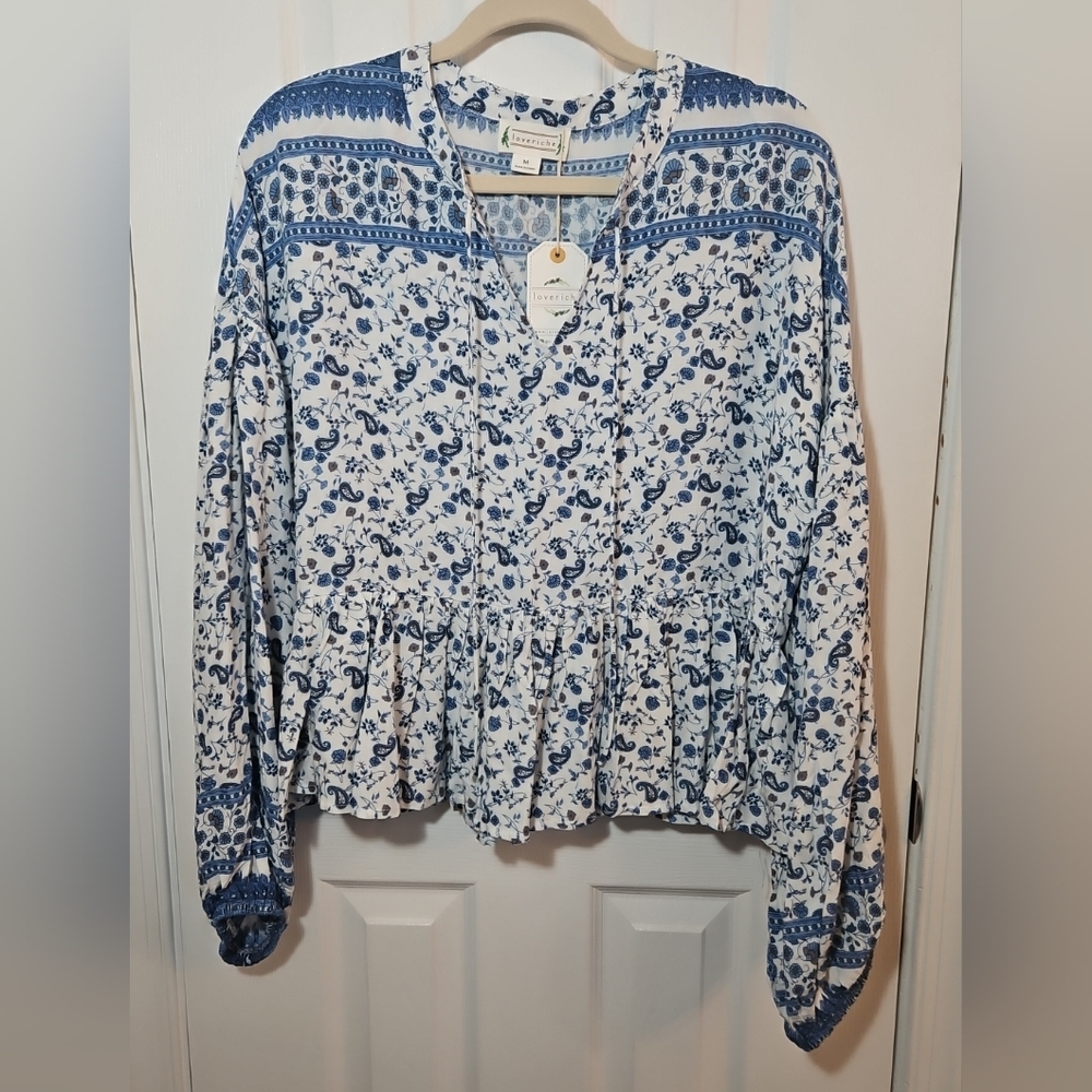 Loveriche Women's Blue, White, Gray Floral Blouse Long Sleeve Size Med